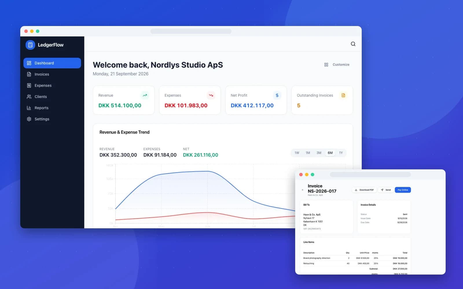 LedgerFlow dashboard with revenue, expenses, and upcoming VAT deadlines, next to a Danish invoice